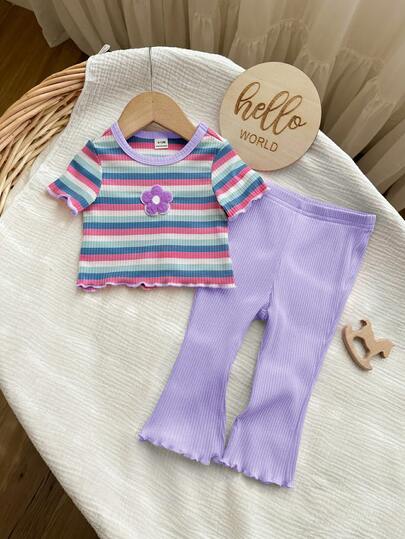 SHEIN 女婴可爱夏季休闲百搭针织彩色条纹短袖上衣和松紧腰裤套装