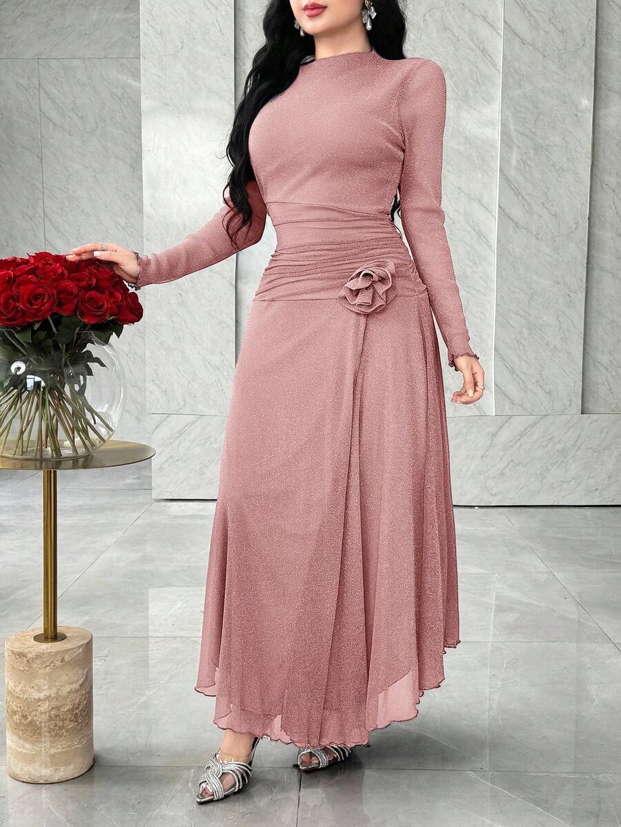Feyla Long Sleeve Front Slit 3D Floral Elegant Versatile Party Dress - Pink - View 1