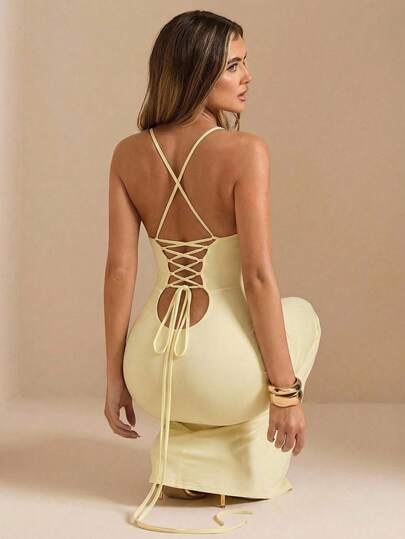 SHEIN BAE Sexy Minimalist Solid Yellow Cream Deep V-Neck Halter Backless Tie Strap Mesh Dress, Suitable For Party, Cocktail, Formal Occasion, Bridesmaid, Birthday, Christmas, Business Casual, Elegant Women Dress