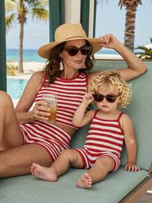 SHEIN Babygirl Summer Cute Striped Knit Camisole Romper - Orange - View 7