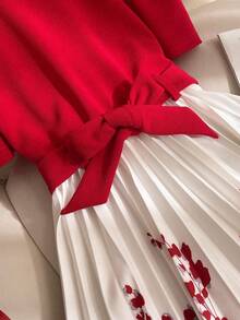 SHEIN Elladie kids 女童夏季新款立领珍珠装饰腰部松紧带印花褶皱下摆宽松公主裙 - 紅色 - 查看 6