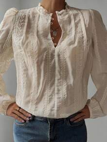 DAZY 提花拼接荷叶边花瓣袖宽松休闲度假夏季上衣，女式衬衫 - 杏色 - 查看 7