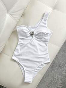 Swim Chiccia Maillot de bain sans fil ajouré avec design de col asymétrique - Blanc - Voir 5