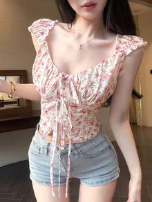 Joudiya Spring & Summer Ditsy Floral Pink Chiffon Blouse, Casual Vacation Beach Style, Tie Front Crop Top Design, Fitted Waist Women Shirt - Pink - View 2