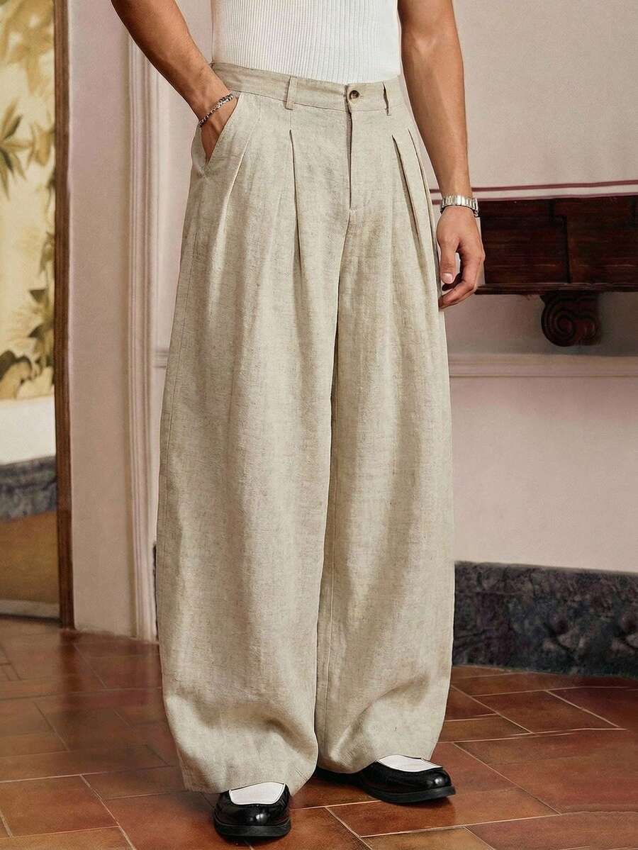 SWAVVY Men's Casual Versatile Solid Color Pants Wide Leg Pants Manfinity Pants Pleated Pants Men Linen Pants - Khaki - View 1