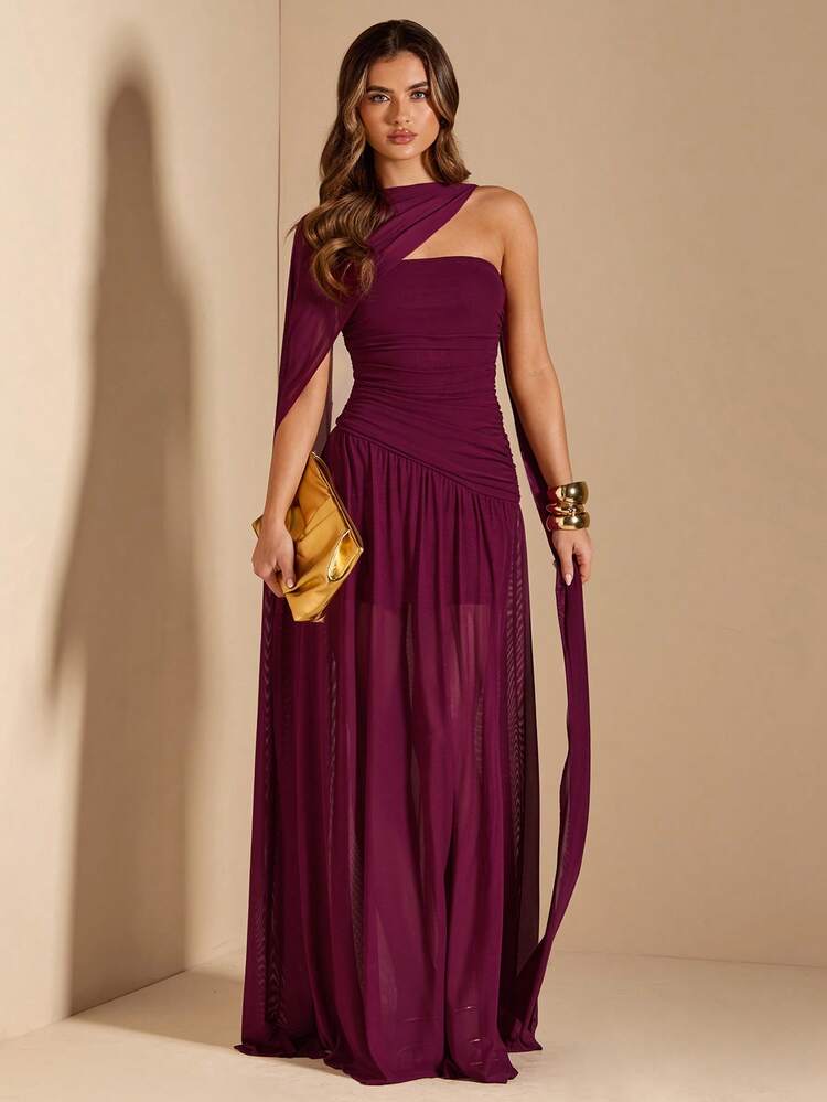 SHEIN BAE Vestido evasé sin mangas con drapeado para mujer, vestido elegante sin tirantes para invitada de boda, Día de San Valentín, cumpleaños, graduación - Morado - Añade 7