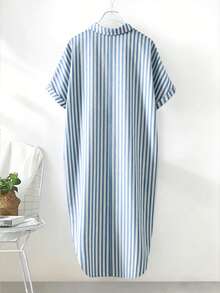 Franclia Women's Casual Woven Striped Loose Fit Drop Shoulder Long Sleeve Shirt Dress - Blue and White - View 2