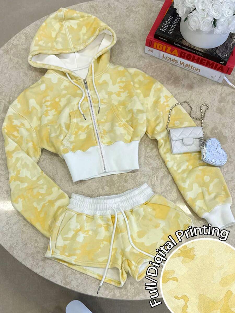 Rovax Fitted Cropped Raglan Hoodie Top + Side Pocket Shorts Set - Yellow - View 1
