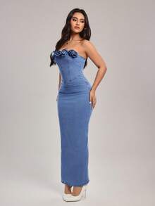 SHEIN Tall Women's 3D Floral Decor Fitted Elegant Denim Dress, Tall Women - Blue - View 7