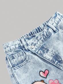 SHEIN Jeans de mezclilla con estampado de dibujos animados de capibara asimétrico con botones en la cintura, lavado claro, estilo casual para niña preadolescente, moda linda y dulce para uso diario, escuela, fines de semana, temporada de regreso a clases, vacaciones. Pantalones cargo rectos de mezclilla lavada de ajuste relajado y bolsillos múltiples, color azul claro, para primavera, verano, regreso a clases, homecoming, vacaciones de verano, primavera, playa, vacaciones, Día de San Valentín, graduación. - Lavado ligero - Ver 4