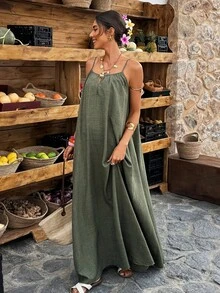 Selianne 女士无袖金属扣A字连衣裙，休闲日常穿着，时尚度假连衣裙 - 軍綠色 - 查看 5