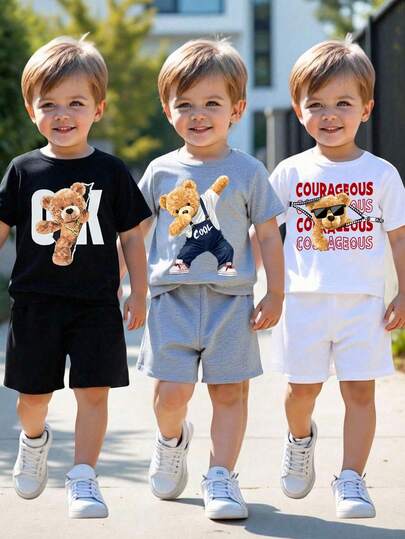 SHEIN 6pcs/Set Young Boys Casual Street Bear Print Round Neck Loose Short Sleeve Knit T-Shirt And Elastic Waist Shorts 3-Piece Outfit Set, Suitable For Commuting, School, Daily Casual, Vacation, Sports, Spring/Summer