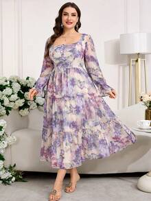 Reflora 大码女式印花方领喇叭袖荷叶边下摆优雅连衣裙 - 紫色 - 查看 3
