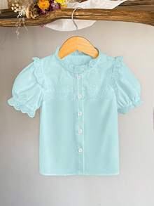 SHEIN Elladie kids 女童休閒花卉荷葉邊花瓣袖純色上衣，夏季優雅派對穿搭 - 薄荷綠 - 查看 4