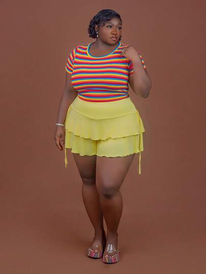 CurvyTilda 春夏款 A 字形加大码半身裙，带侧抽绳，黄色