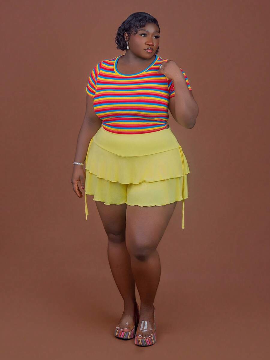 CurvyTilda A-Line Plus Size Skirt With Side Drawstring Detail, Yellow, Spring/Summer, Ruffled Skorts, Skirts With Shorts Underneath, Tiered Skorts, For Hourglass Body Shape - Yellow - View 1