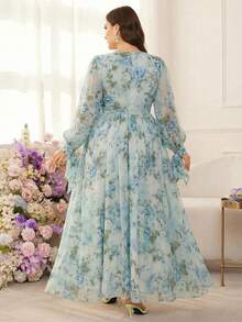 Modelyn 大码女士优雅印花收腰连衣裙 - 藍色 - 查看 2