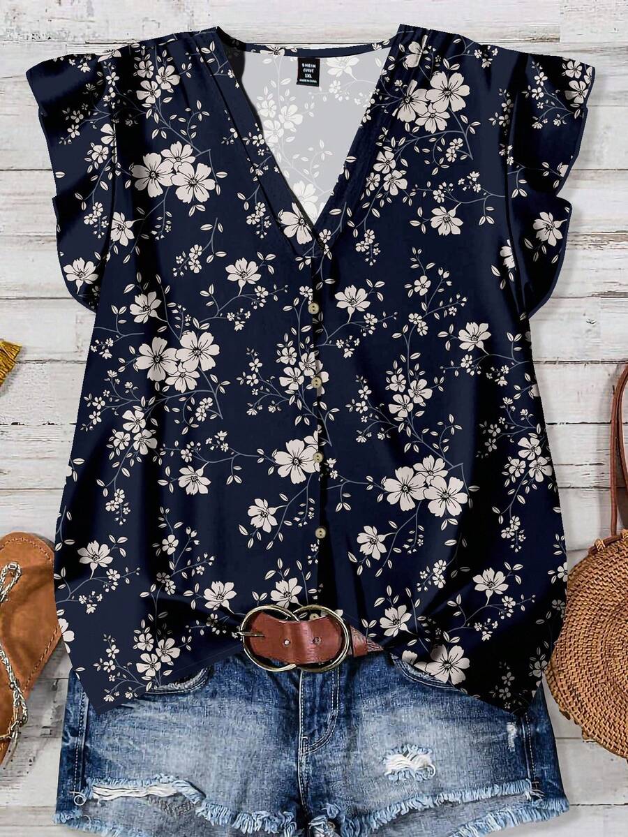 Rusticease Women's Navy Blue Floral V-Neck Casual Blouse, Suitable For Summer Floral Blouse Women Floral Top Ditsy Floral Top Fall Clothes For Women Fall Tops Women, Christmas - Multicolor - View 1