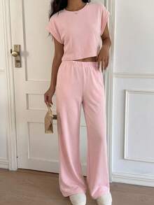 CovetEZ 珊瑚粉色针织女士家居服套装，简约休闲日常上衣和裤子 - 珊瑚粉 - 查看 5