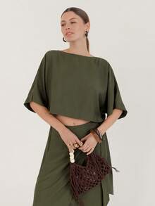 Women Army Green Batwing Sleeve Top And Pants 2 Pieces Set - Army Green - View 5