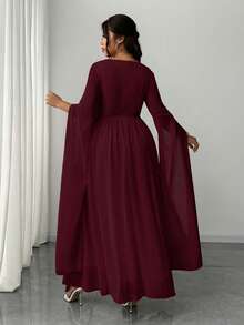 Elenzga 大码女士优雅浪漫雪纺飘逸法式方领长袖收腰A字长裙，适合毕业典礼、派对、婚礼宾客等场合，酒红色正式女士连衣裙，优雅经典款 - 酒紅色 - 查看 3