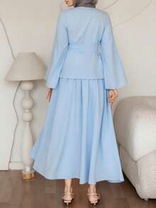 DAZY Women's Casual Solid Color Round Neck Belted Shirt And Skirt 2-Piece Set, Spring/Summer - Blue - View 2