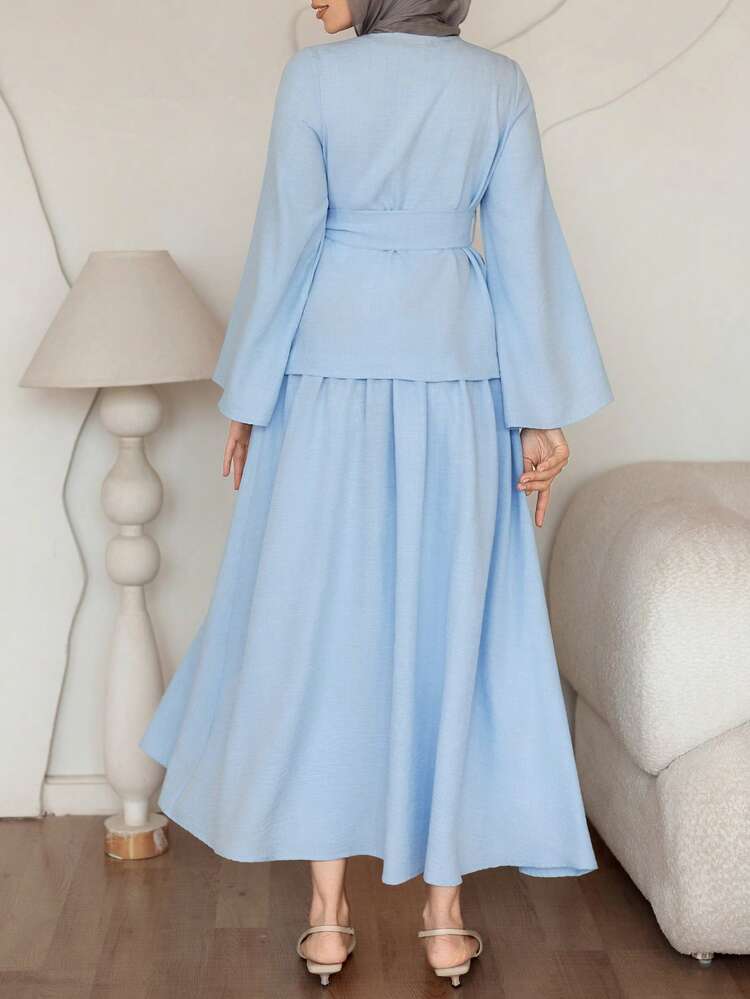 Women's Casual Solid Color Round Neck Belted Shirt And Skirt 2-Piece Set, Spring/Summer