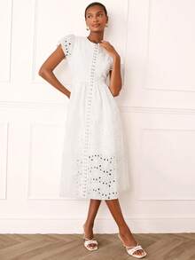 Lilora Women's Elegant White Summer Dress,Embroidered Eyelet Midi Dress With Puffy Short Sleeves,Sophisticated Graduation,Resort Wear & French Style Picnic - White - View 7