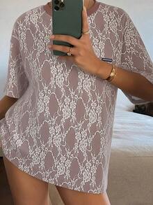 DAZY Women's Casual Lace Letter Print Short Sleeve T-Shirt, Summer - Redwood - View 6