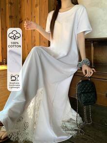 DAZY Đầm dài nữ màu trơn phối ren, kiểu dáng thường ngày, thích hợp cho mùa hè. - trắng - Xem 1