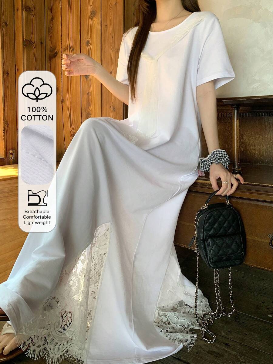 DAZY Đầm dài nữ màu trơn phối ren, kiểu dáng thường ngày, thích hợp cho mùa hè. - trắng - Xem 1