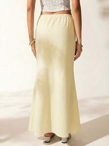 Easelle Women's Summer Solid Color Drawstring Waist Fish Tail Hem Skirt - Light Yellow - View 2