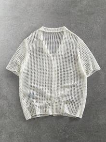 ROMWE MEN Street Life 男士短袖棕榈树刺绣镂空单排扣针织上衣 - 白色 - 查看 9