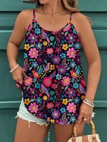 EMERY ROSE Áo hai dây và áo tank top cỡ lớn, kiểu dáng thanh lịch, in họa tiết hoa, thích hợp cho mùa hè. - màu đen - Xem 3