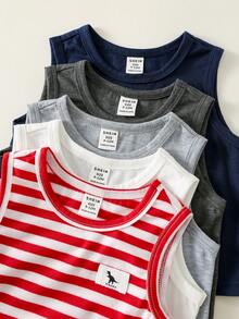 SHEIN 5pcs/Set Unisex Baby Cute Casual Striped Knit Tank Tops, Versatile Summer Outfit Pack - Multicolor - View 3
