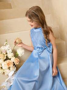 Tween Girl Elegant Blue Lace Bow Sleeveless Long Fitted Dress, Suitable For Evening Party, Christmas, Halloween, Wedding, Prom, Graduation, Back To School And Other Occasions - Blue - View 6