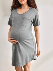 Moonlight&Mama Áo ngủ ngắn tay màu trơn mùa hè dành cho bà bầu - Màu xám đen - Xem 1