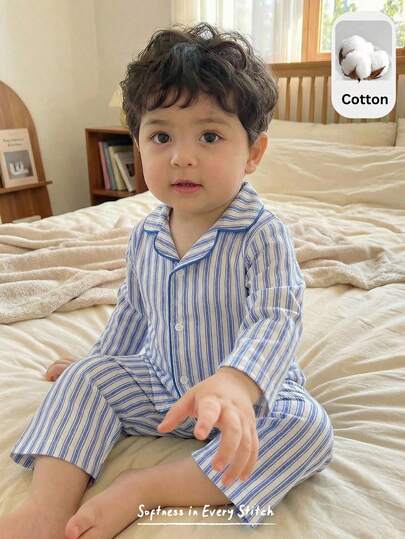 Cozy Pixies 2pcs Baby Boy Striped Pattern Contrast Color Collar Short Sleeve Cardigan Shirt And Elastic Waist Pants Set Baby Boy Two Piece Set Toddler Pajamas Cotton Toddler Clothes Baby Boy Pajamas Toddler Two Piece Set