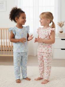 女婴夏季系列两件套睡衣套装，蓝色雏菊碎花和白色春日花朵印花，荷叶边袖上衣和裤子。 - 藍色 - 查看 6