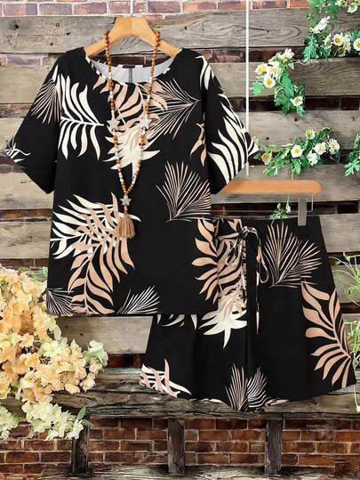 Linhara CURVE Plus Size Women Loose Casual Outfit, Round Neck Top With Printed Pattern, Wide Leg Tie Waist Shorts, 2 Piece Set