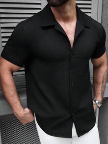 SLATEMANN 男士夏季休閒日常通勤度假簡約純色紋理布料短袖襯衫，正式款 - 黑色 - 查看 6