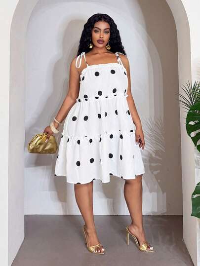 Slaydiva 2026 Spring/Summer New Music Festival, Easter, St. Patrick's Day, Western, Nomadic Style, Birthday Party, Graduation, Student, Daily Wear, Casual, Vacation, Cruise Travel, Beach, Sunbathing, Viral Plus Size Loose Polka Dot Sleeveless A-Line Dress; Vacation & Casual Solid Color Loose A-Line Layered Strap Tie Hem Plus Size Mini Dress