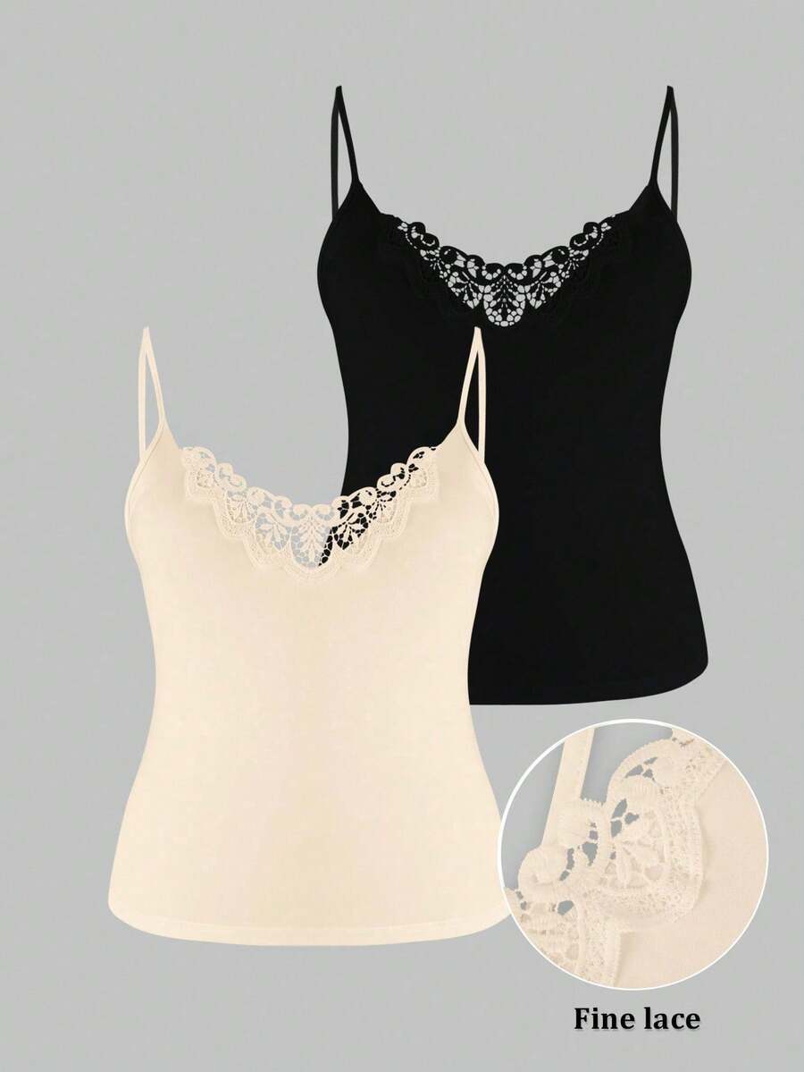 SHEIN LUNE Plus Size Lace Patchwork Solid Color Camisole 2 Pieces Set - Apricot - View 1