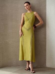 MOTF PREMIUM 2026 SUMMER NEW ARRIVAL FRENCH ELEGANT LINEN FLORAL PRINT SLEEVELESS A-LINE MIDI DRESS FOR WOMEN - Avocado Green - View 6