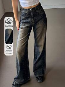 Dazy Tall Tall Women's Rhinestone Embellished Flare Jeans, Elegant Casual Pants For Tall Ladies - Dark Wash - View 1