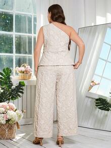 Ellevyn 两件套加大码女式优雅金箔装饰无袖露脐上衣和阔腿裤套装 - 杏色 - 查看 2