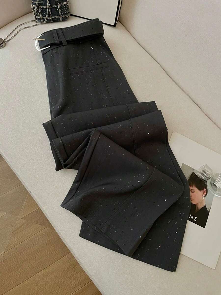 Franclia 新款优雅通勤女式直筒阔腿裤，金色亮片设计，休闲长裤配腰带，黑色金色亮片长裤 - 黑色 - 查看 1