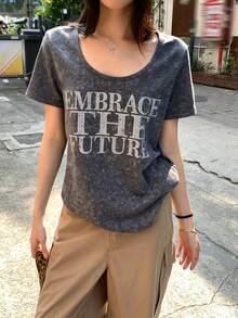 DAZY Women's Slogan Print Round Neck Loose Casual Short Sleeve T-Shirt Summer - Grey - View 5