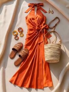 Breezaya Burnt Orange Summer Elegant Tropical Holiday Vacation, V-Neck Wrap Cinched Waist Ruched Midi Dress, Women's French Chic Greece Resort Wear - Orange - View 1