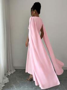 Elenzga Women's V-Neck Ruched Waist Elegant Long Party Dress - Pink - View 2